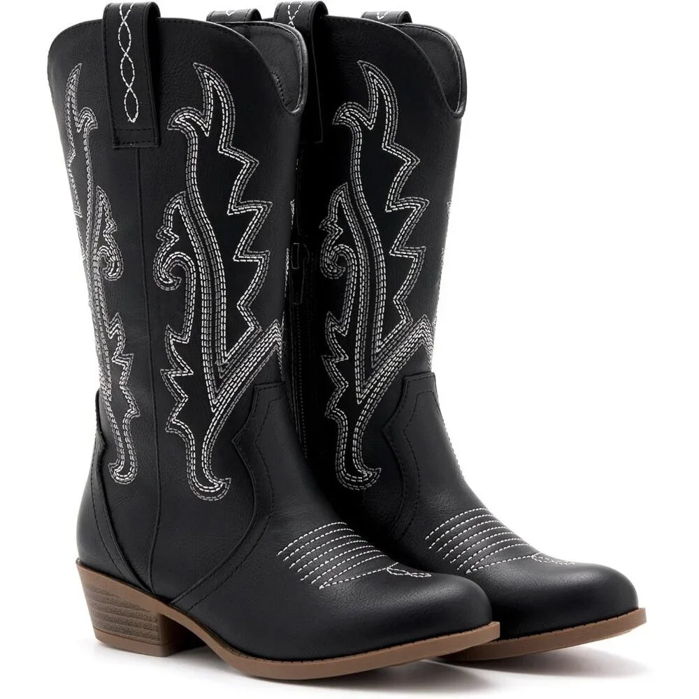 ⚡Girls Black Kids Western Boots Embroidered Cowgirl Boots Riding Shoes Mid Calf